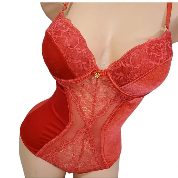 Daisy Fuentes Velvet Molded Cup Lace Push Up Teddy Bodysuit Snap Crotch NWT Sz L - Picture 1 of 16